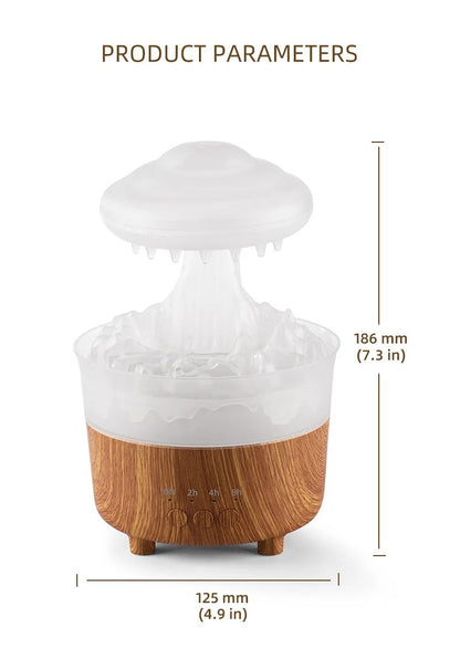 White diffuser with wooden base on a white background, showing product dimensions.