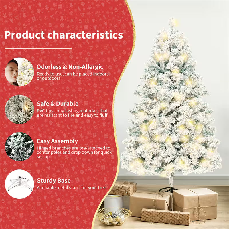 Frosted Christmas tree with lights on a white wall, product characteristics on a red background