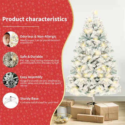 Frosted Christmas tree with lights on a white wall, product characteristics on a red background