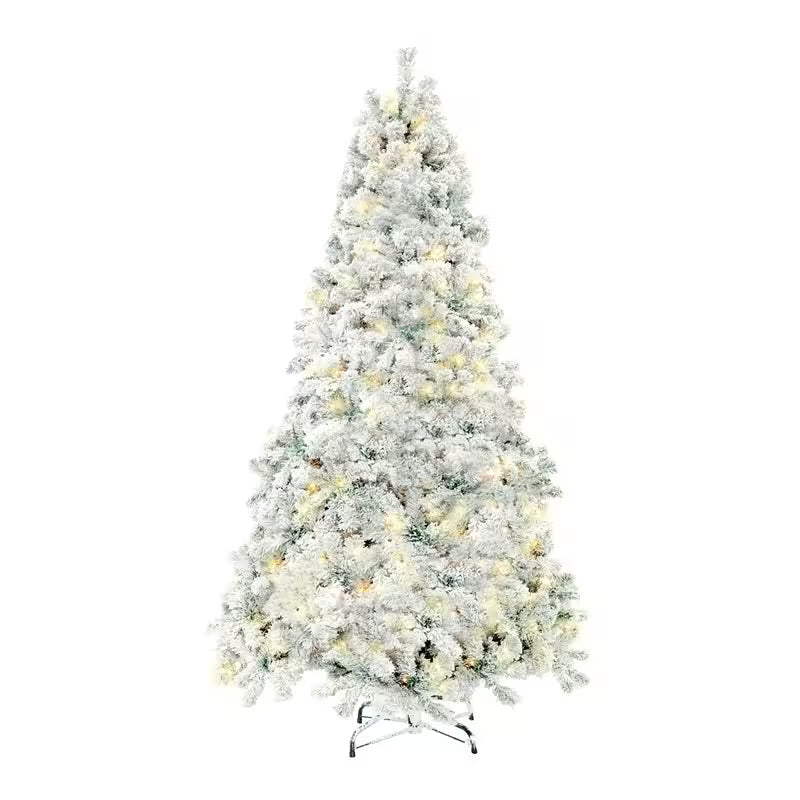 Frosted Christmas tree with white lights on a white background