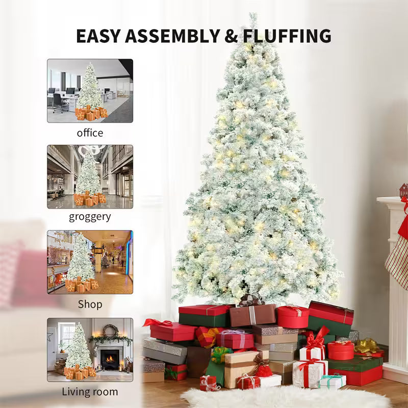 Decorated Christmas tree with presents in a living room setting, featuring text about assembly and fluffing.