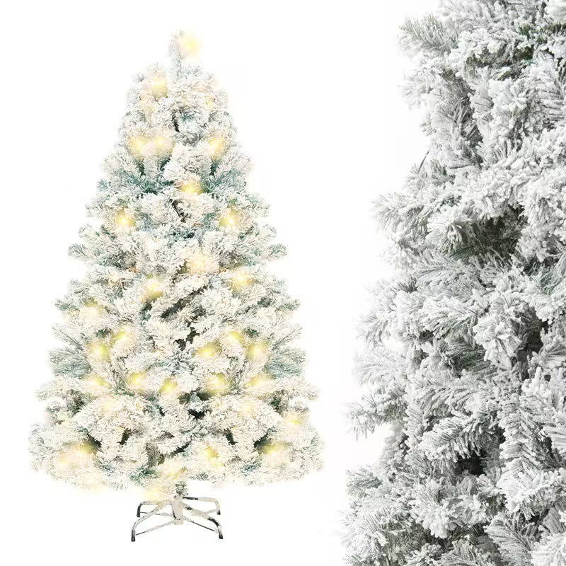 Frosted Christmas tree with lights on a white background