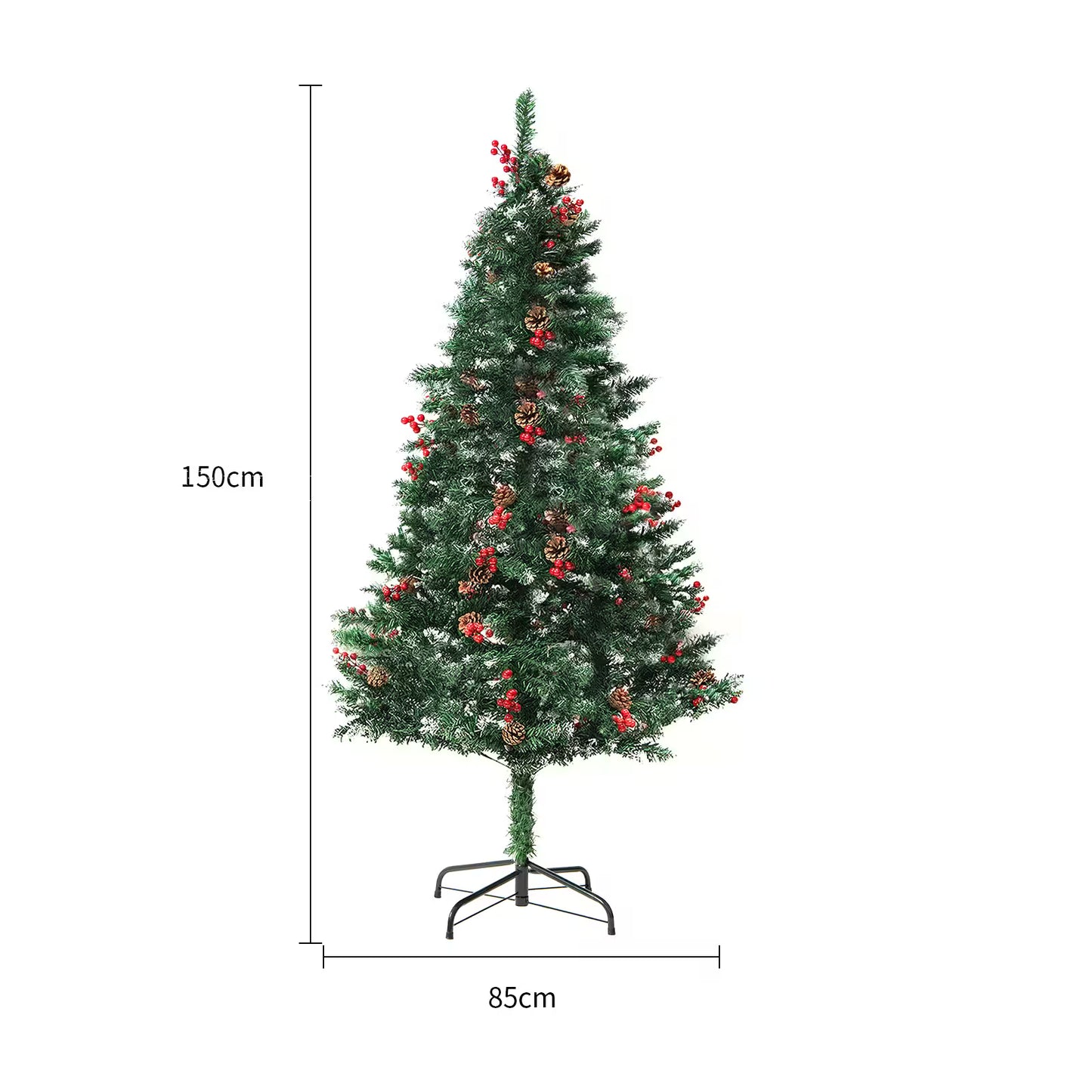 Artificial Christmas tree with decorations on a white background, showing dimensions.