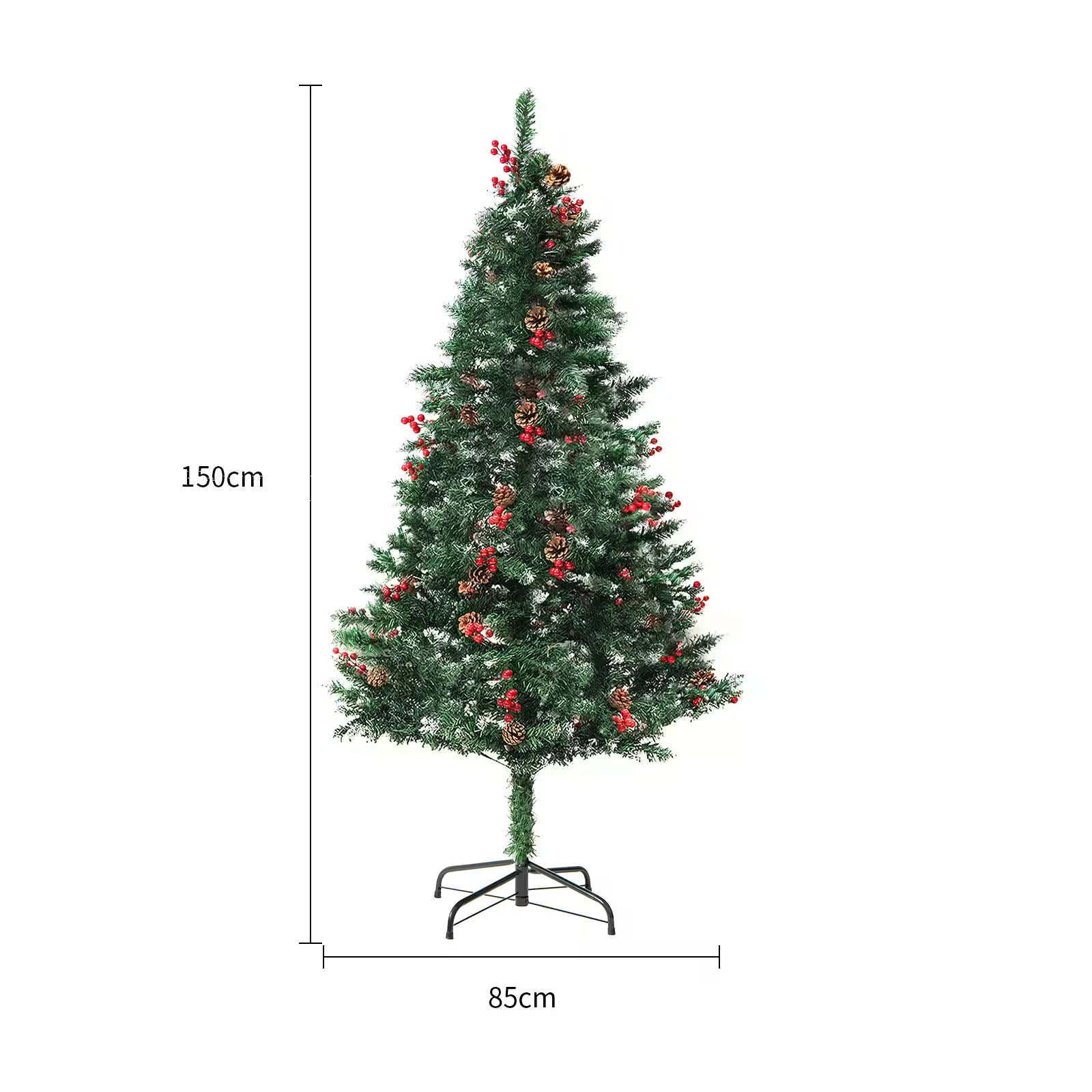 Artificial Christmas tree with decorations on a white background, showing dimensions.
