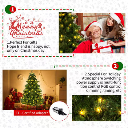 Promotional graphic for Christmas-themed products with text and images of people and a tree.