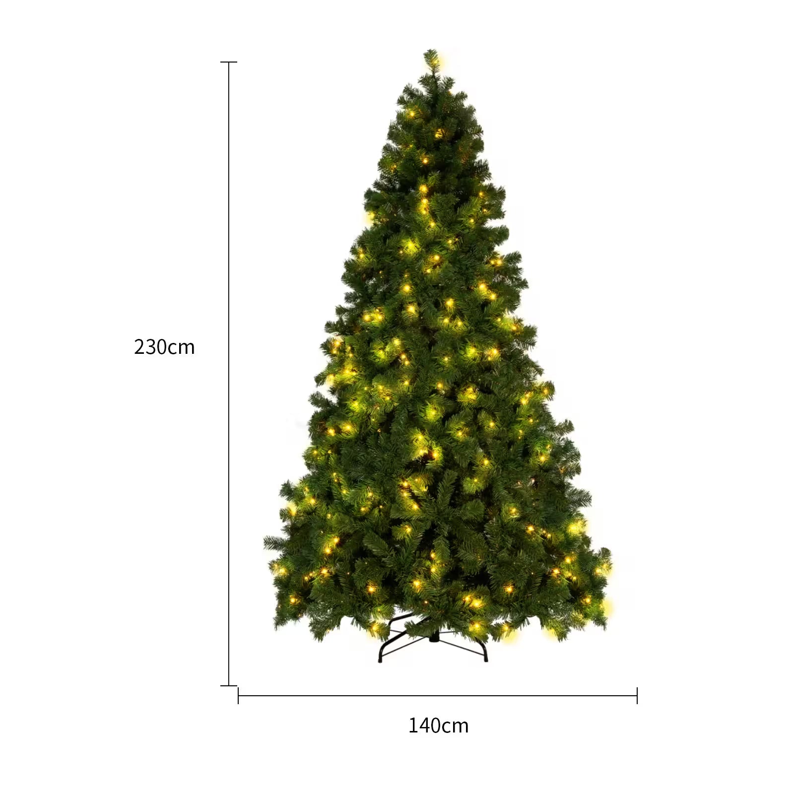 Pre-lit Christmas tree with dimensions on a white background