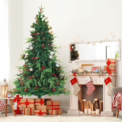 Decorated Christmas tree with presents and stockings in a living room.