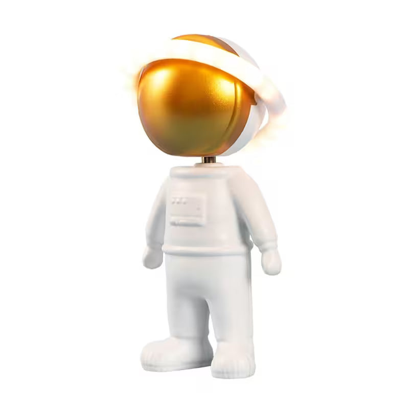 White astronaut figure with a gold helmet on a white background