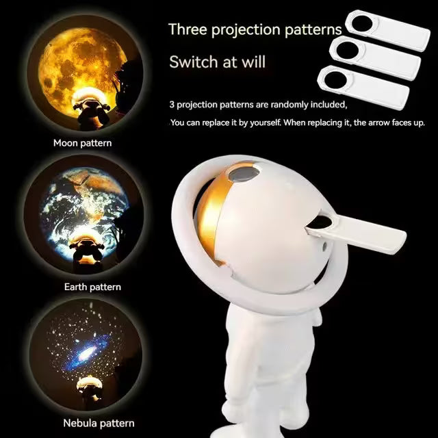 Spaceman night light with moon, earth, and nebula projection patterns on a black background.