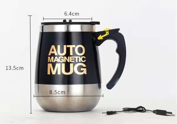 Auto magnetic mug with dimensions and power cord on a white background
