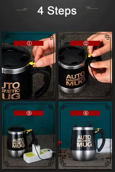 Step-by-step guide on how to use an auto magnetic mug with close-up shots of hands and product.