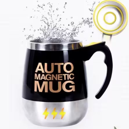 Black mug with 'Auto Magnetic Mug' text, splashing water, and yellow accents on a white background.