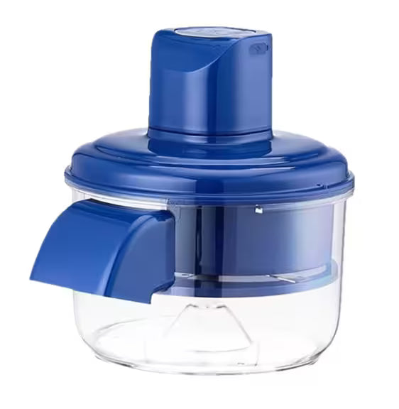 Blue and clear plastic kitchen chopper on a white background