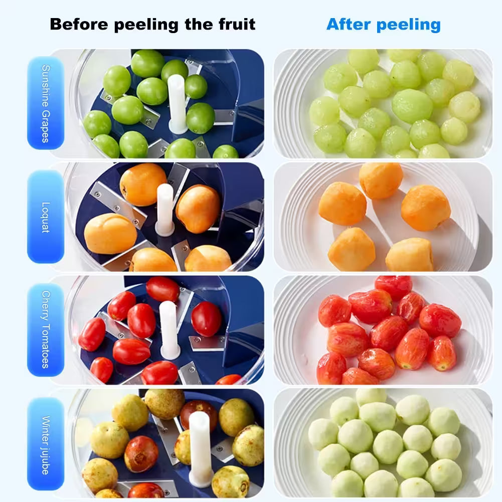 Comparison of fruits before and after peeling with labels on a blue background.