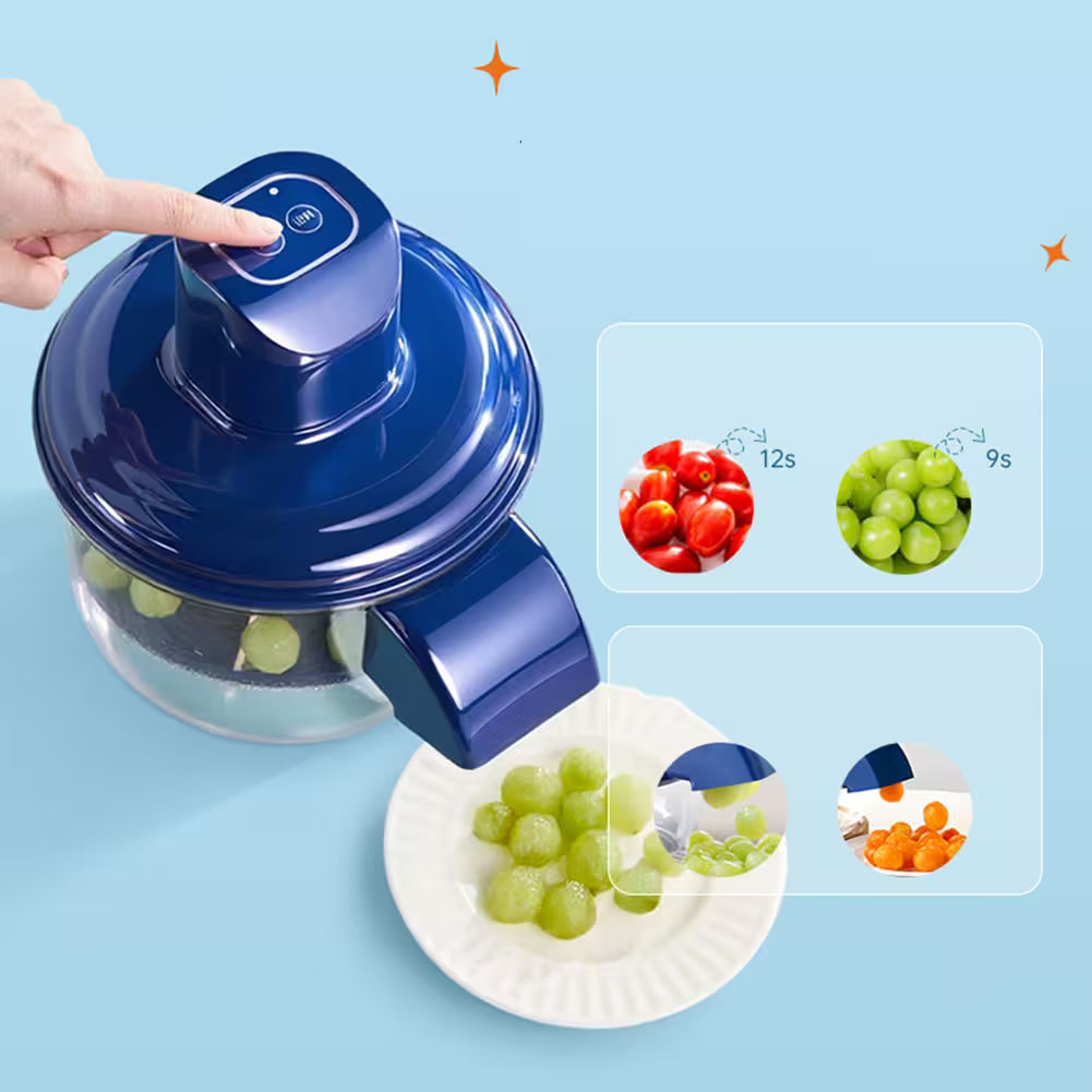 Blue handheld device with a hand pointing to it, used for quick freezing of fruits and vegetables on a blue background.