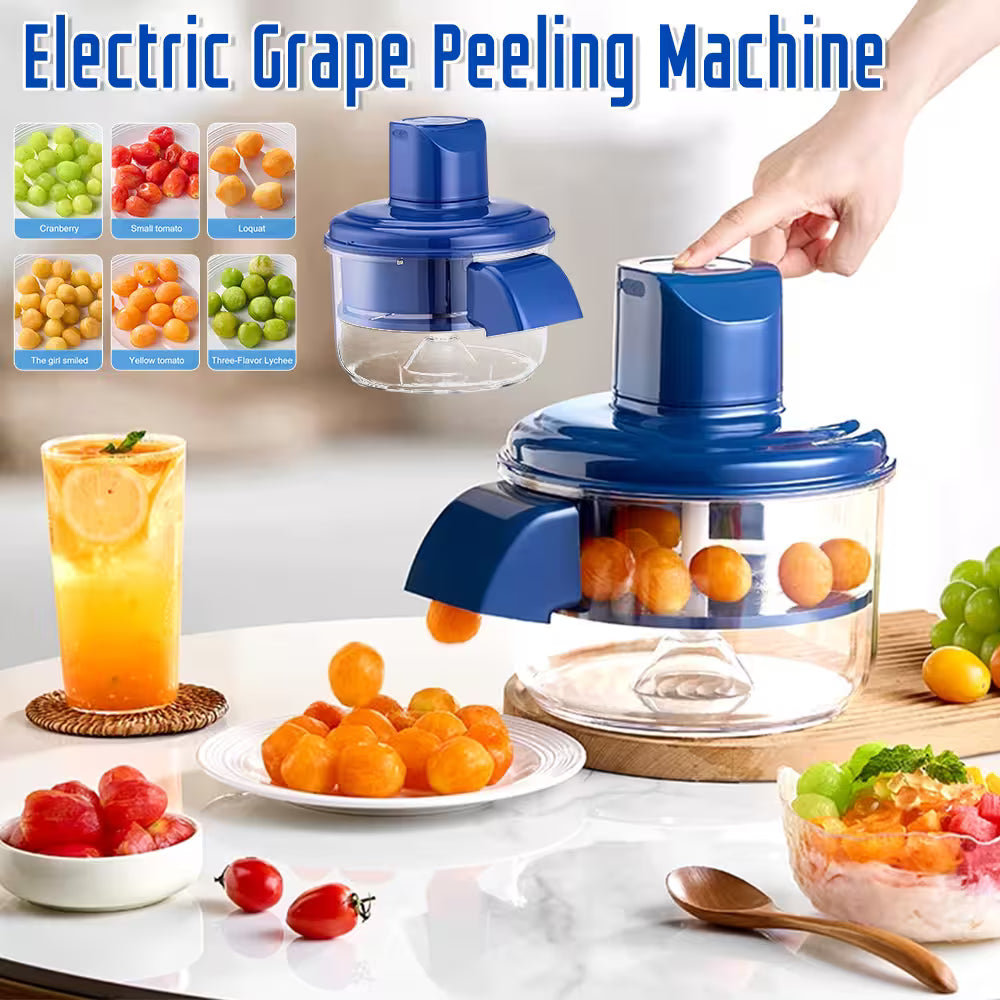 Electric grape peeling machine with fruits and a juice drink on a white surface