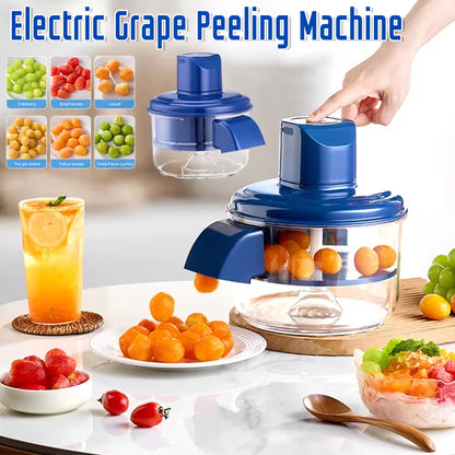 Electric grape peeling machine with fruits and a juice drink on a white surface
