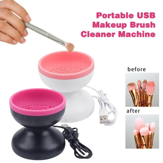 Portable USB Makeup Brush Cleaner Machine with before and after images of brushes.