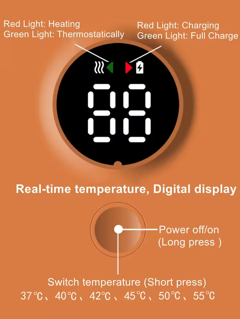 Digital temperature controller with LED indicators and digital display on an orange background