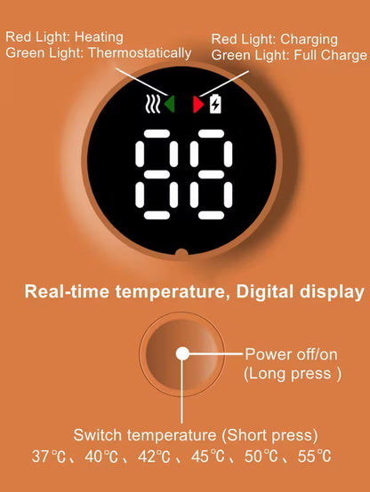 Digital temperature controller with LED indicators and digital display on an orange background