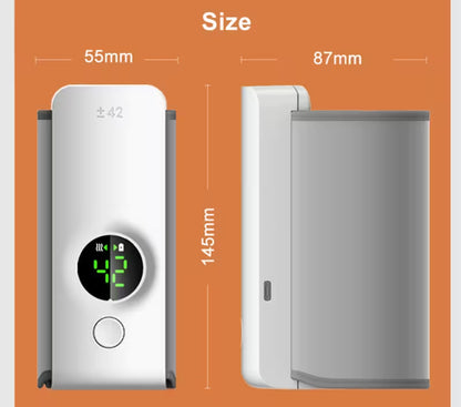 Measurement chart showing dimensions of a device with a digital display on an orange background.