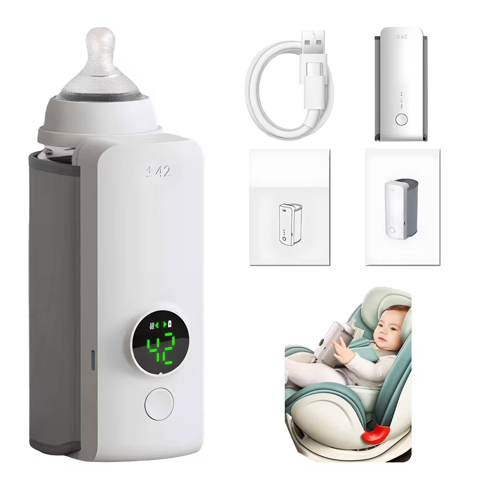 Collection of baby-related products including a bottle warmer, car seat, and digital display.