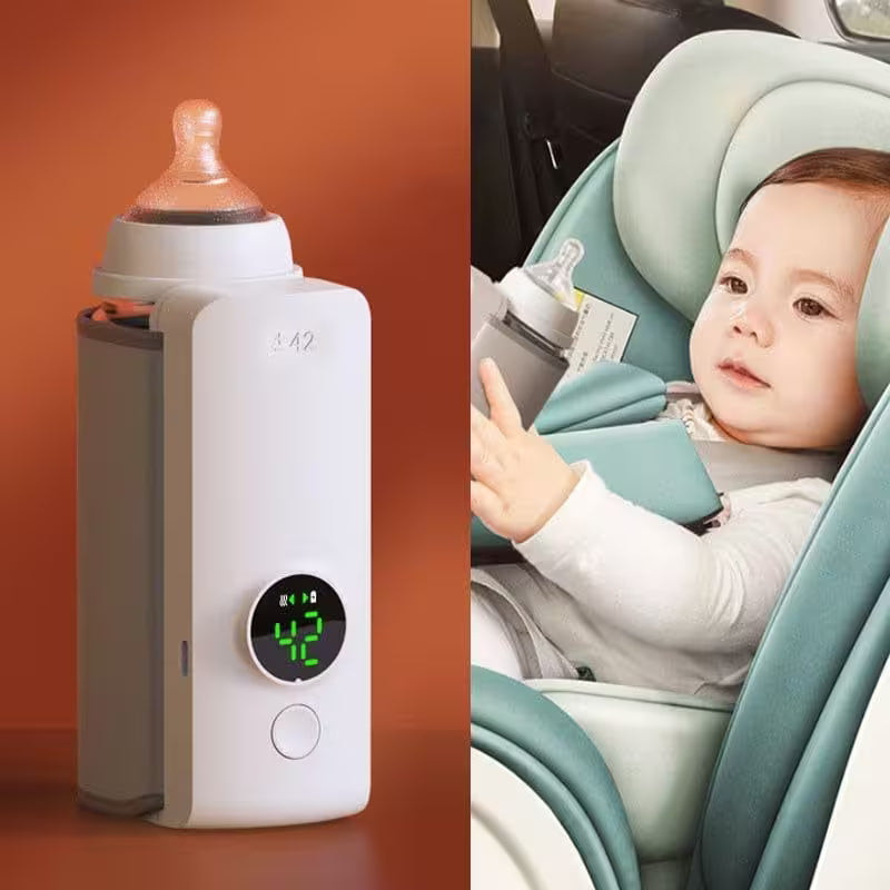 Baby bottle warmer on a brown background and a child in a car seat with a baby bottle.