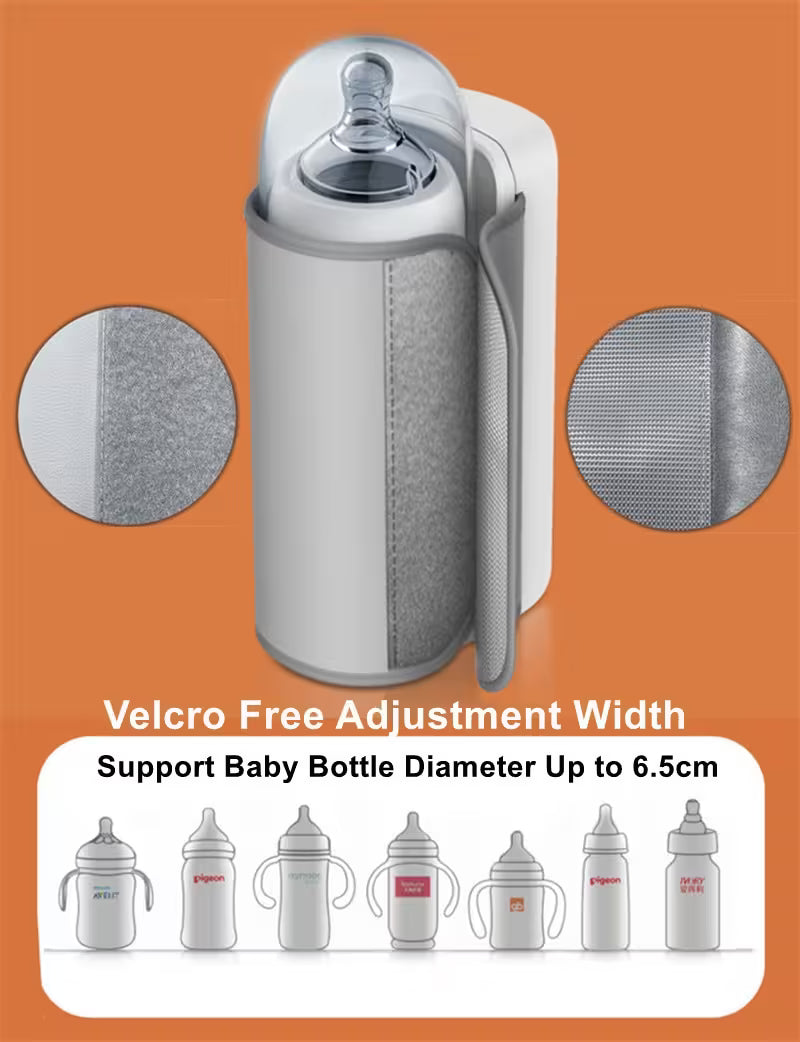 Baby bottle support with Velcro-free adjustment width on an orange background