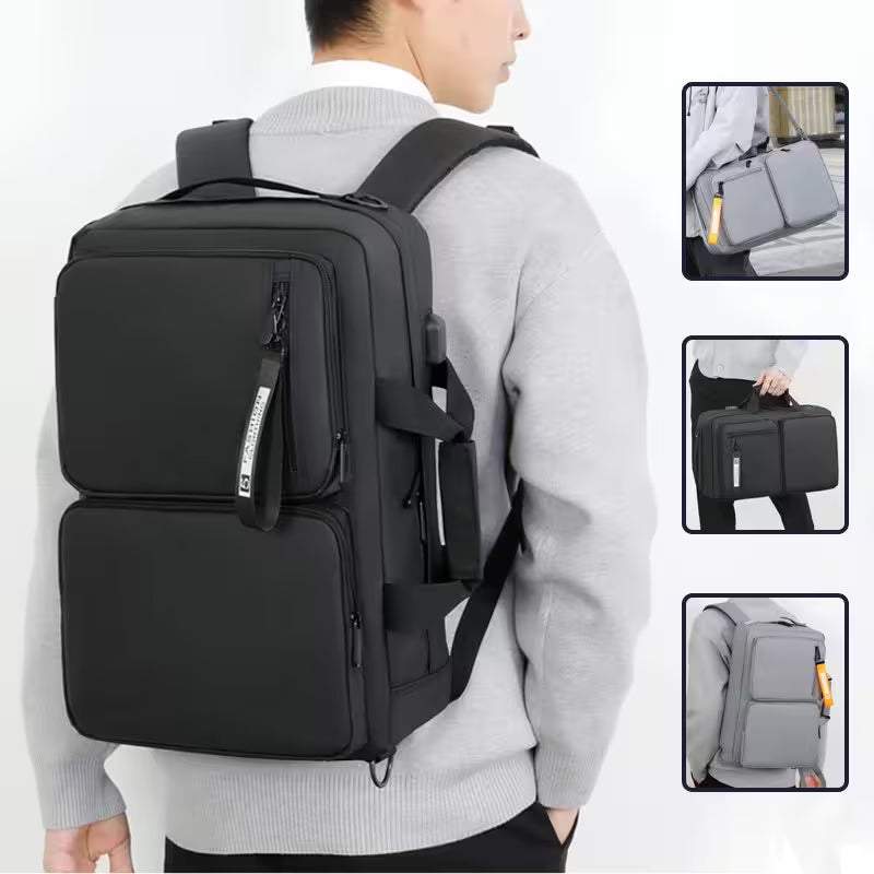 Person wearing a black backpack with additional images of the backpack on a white background