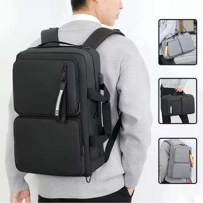 Person wearing a black backpack with additional images of the backpack on a white background