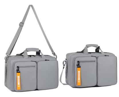Two gray bags with orange labels on a white background