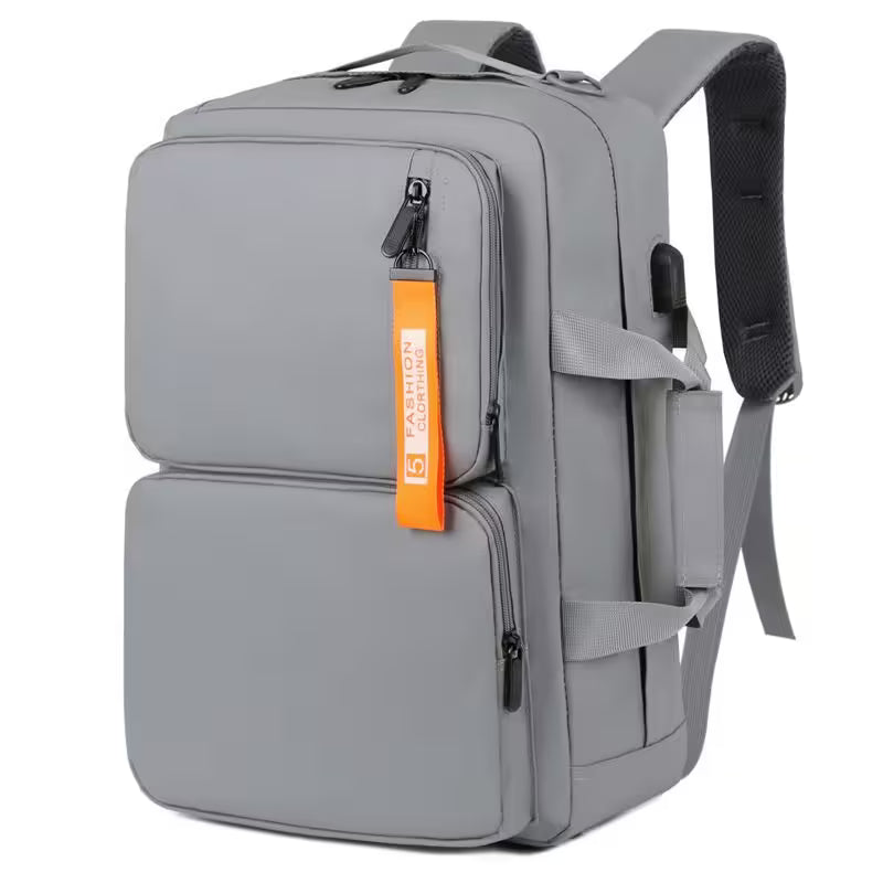 Gray backpack with an orange tag on a white background