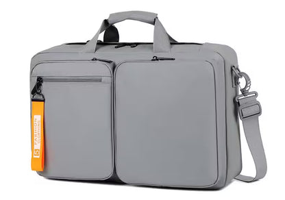 Gray briefcase with a shoulder strap and orange tag on a white background