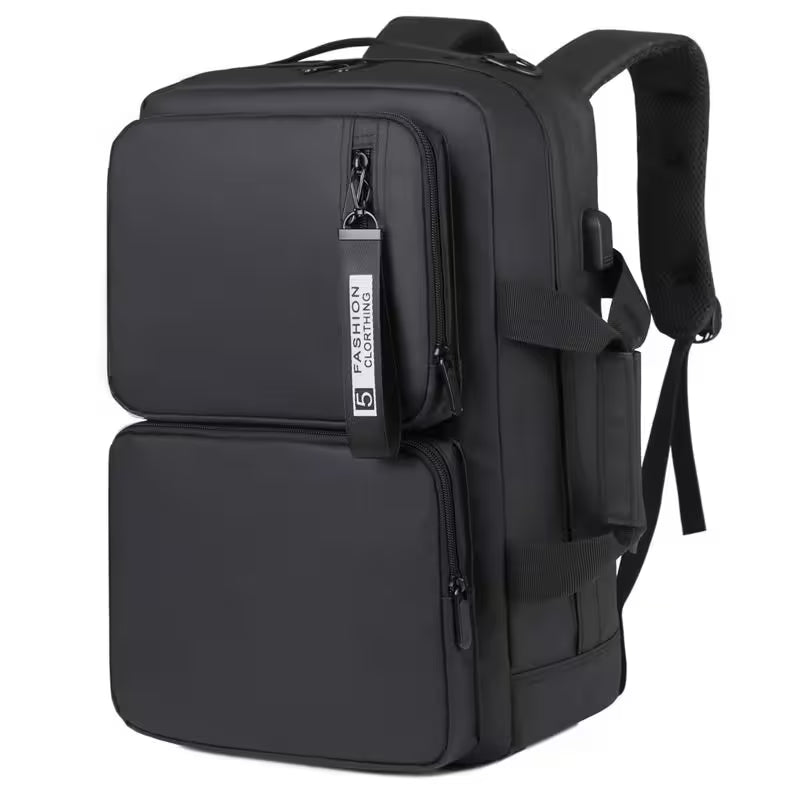 Black backpack with a visible brand logo on a white background