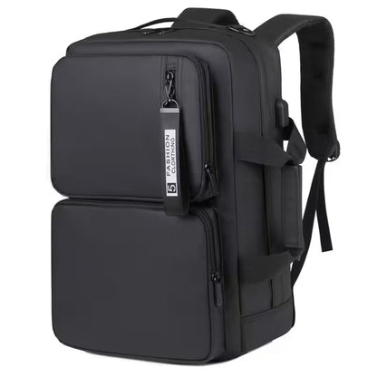 Black backpack with a visible brand logo on a white background