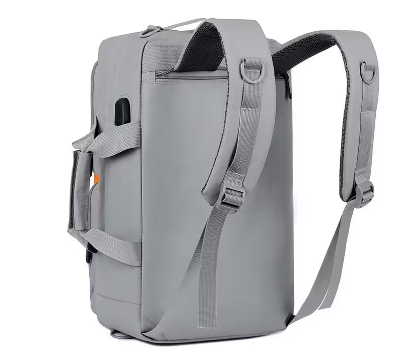 Gray backpack with multiple straps on a white background