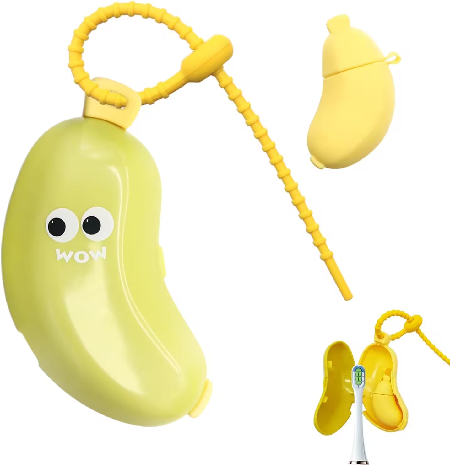 Yellow banana-shaped toothbrush holder with a toy-like design on a white background