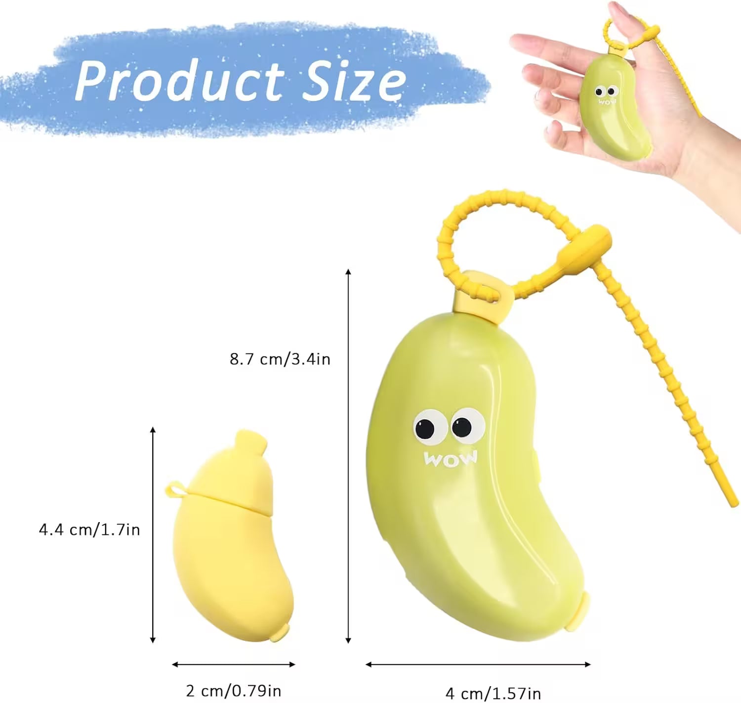 Yellow toy with a keychain attachment, showing product size measurements on a white background.