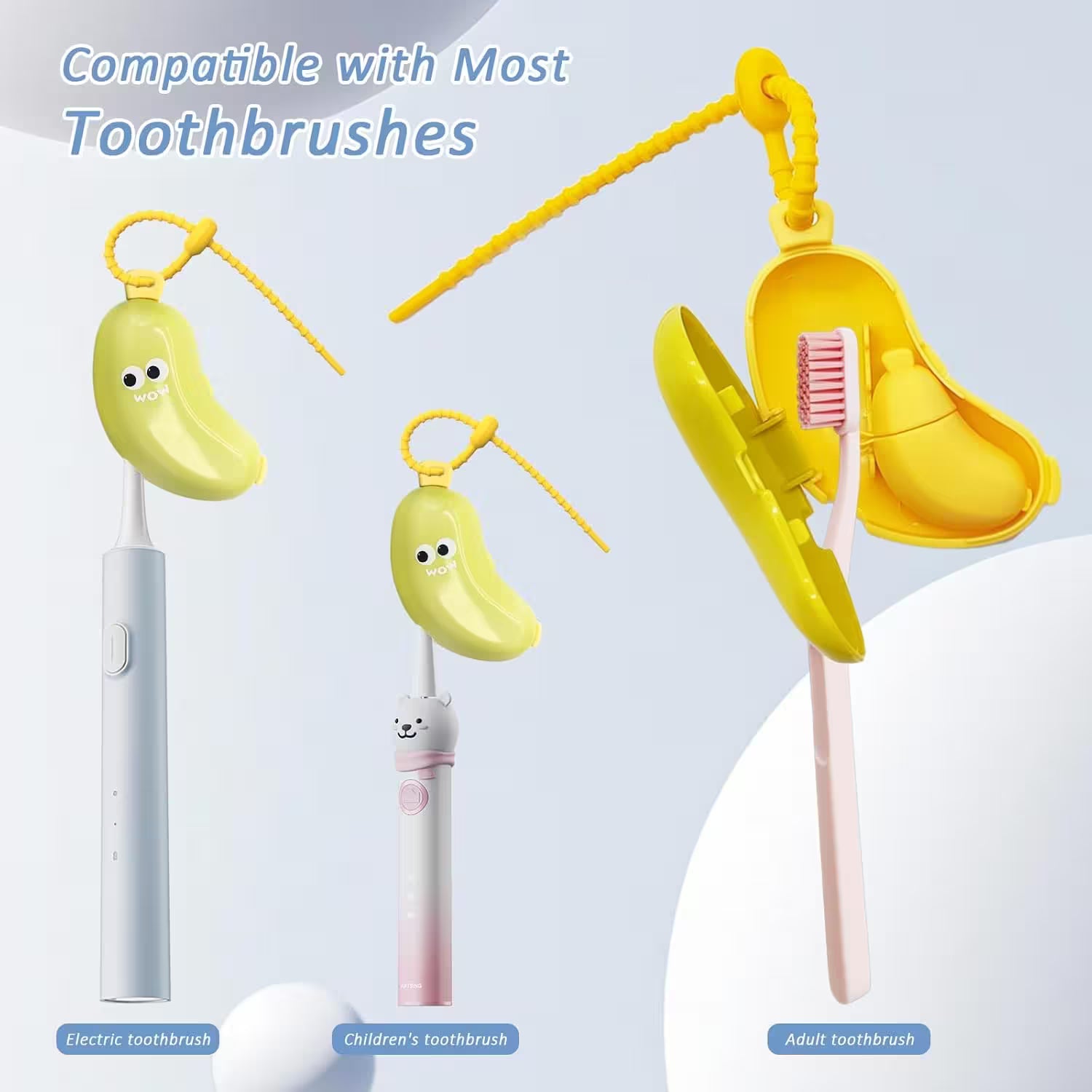 Collection of toothbrushes and accessories with banana-shaped heads on a light blue background.