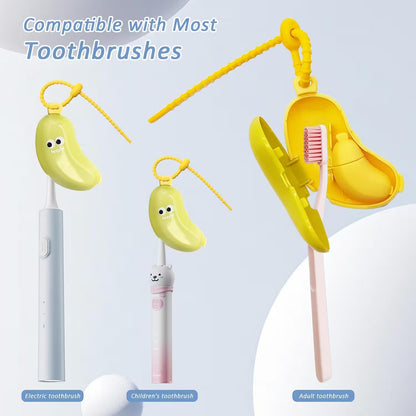 Collection of toothbrushes and accessories with banana-shaped heads on a light blue background.