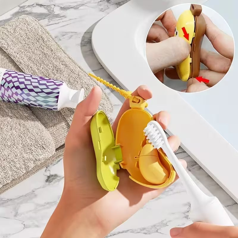 Hand holding a yellow toothbrush case with a toothbrush inside, on a marble surface.
