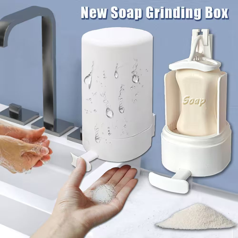 Soap grinding box with soap powder being dispensed into a hand, sink in the background.