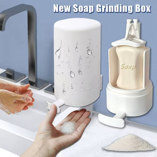 Soap grinding box with soap powder being dispensed into a hand, sink in the background.
