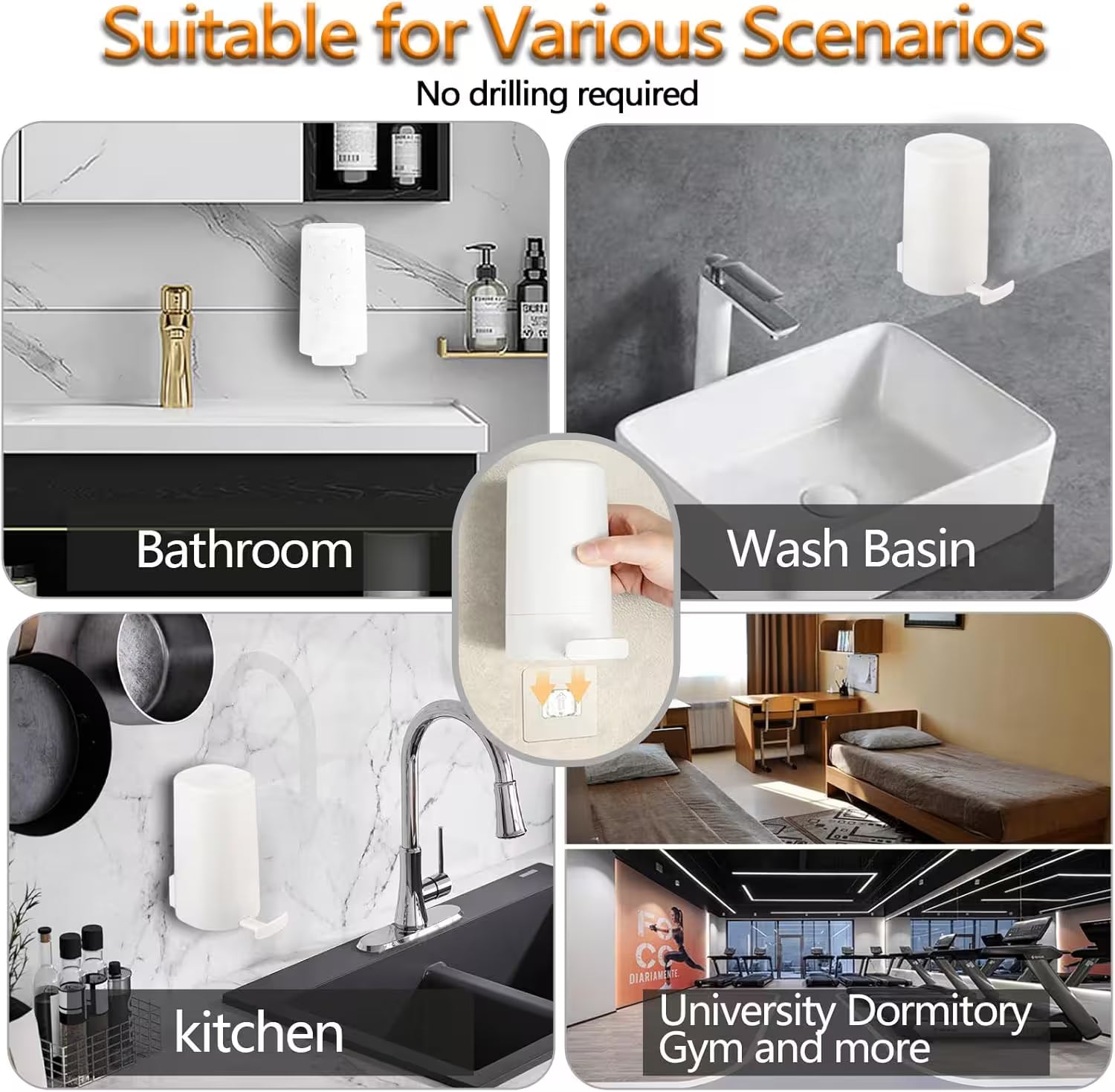 Collage of various scenarios where a product can be used, including bathroom, wash basin, kitchen, and university dormitory.