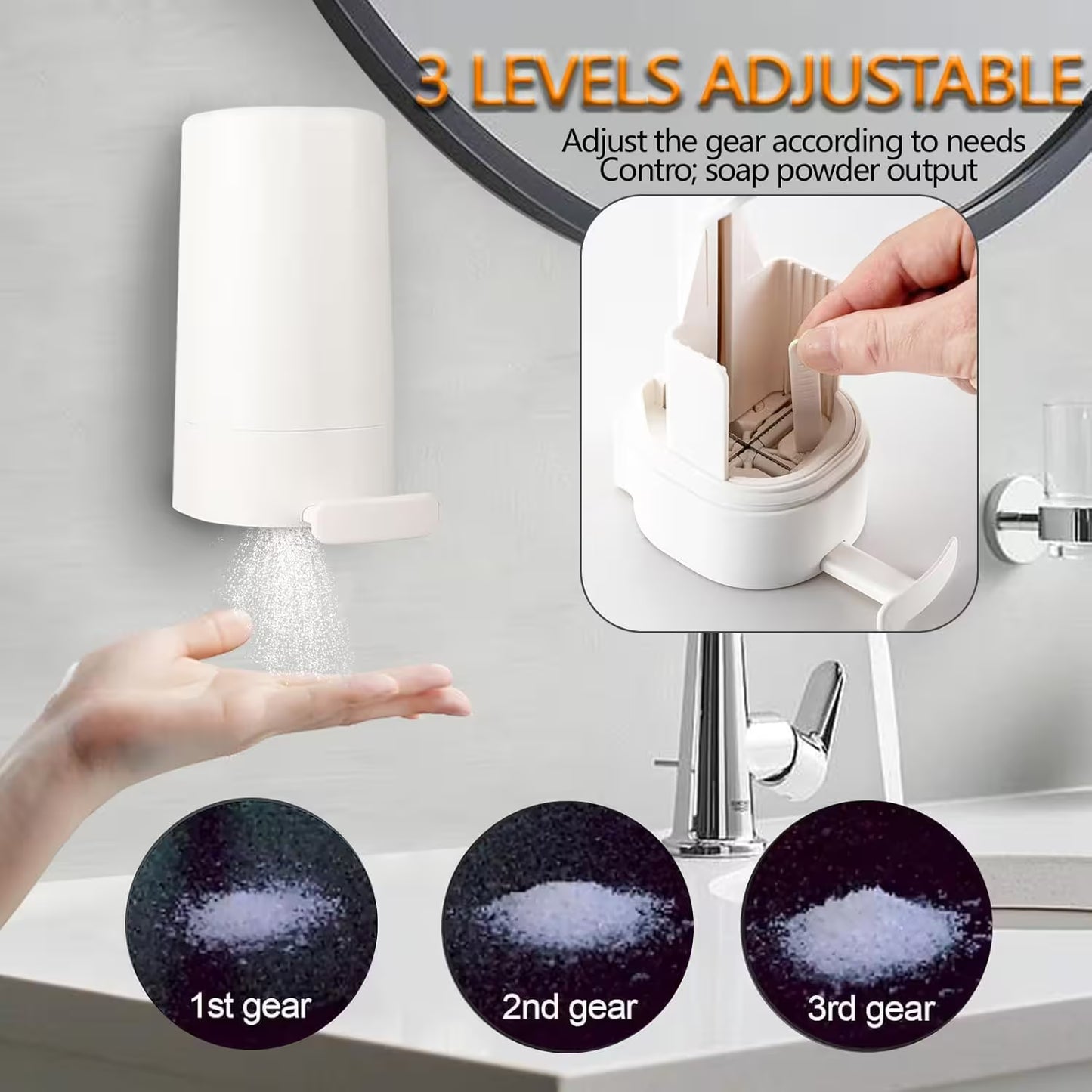 Soap dispenser with adjustable gears shown on a bathroom counter, demonstrating different output levels.