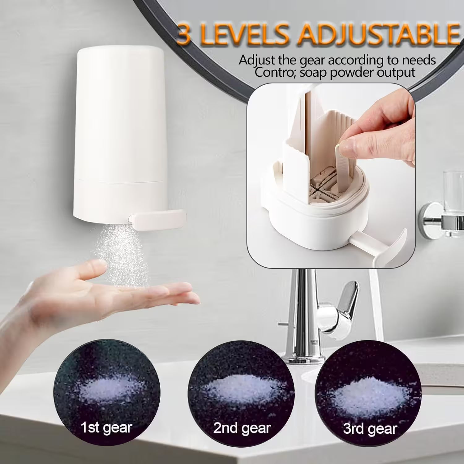 Soap dispenser with adjustable gears shown on a bathroom counter, demonstrating different output levels.