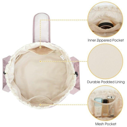 Product with labeled features including inner zipped pocket, durable padded lining, and mesh pocket on a white background.