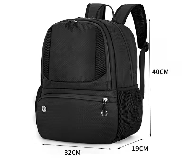 Black backpack with measurements on a white background