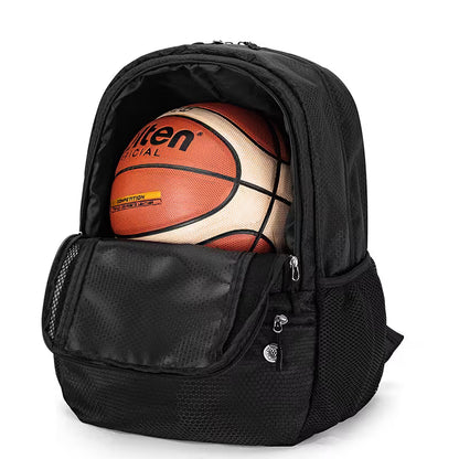 Black backpack with a basketball inside on a white background