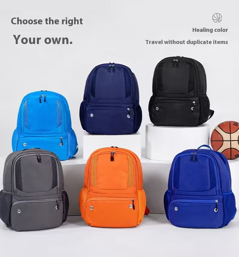 Collection of backpacks in various colors on a white background with text about choosing the right color.